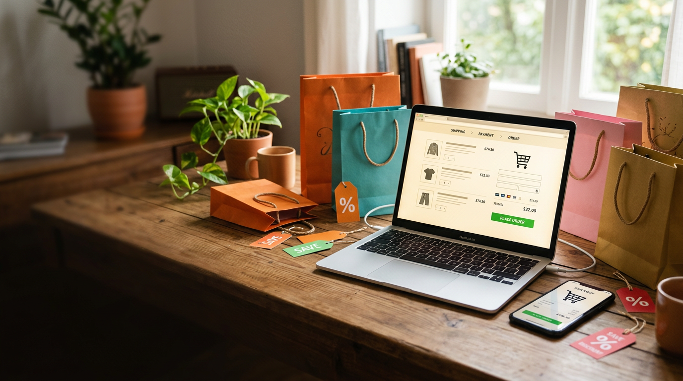 Online shopping desk with discount tags